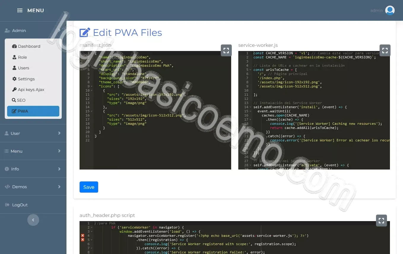 Loginbasicoemo pro PWA Editor